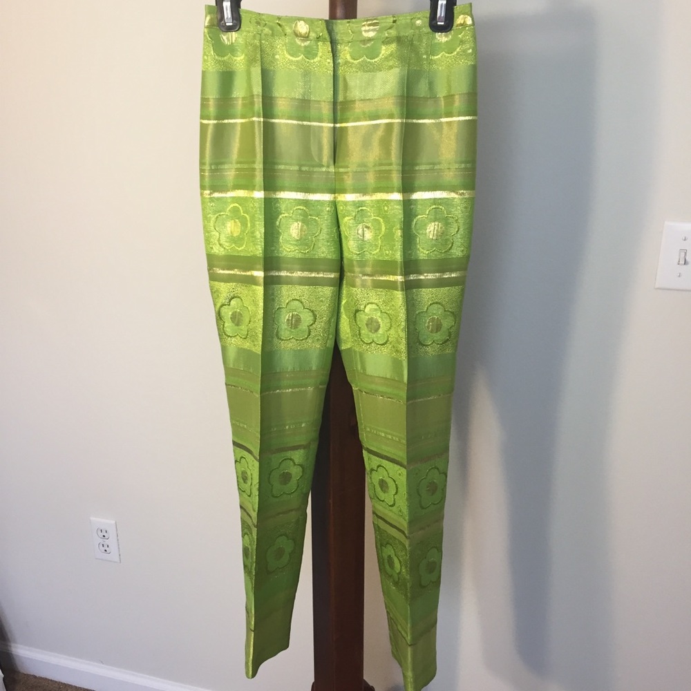 Rena Lange Green + Gold Metallic Floral Pants